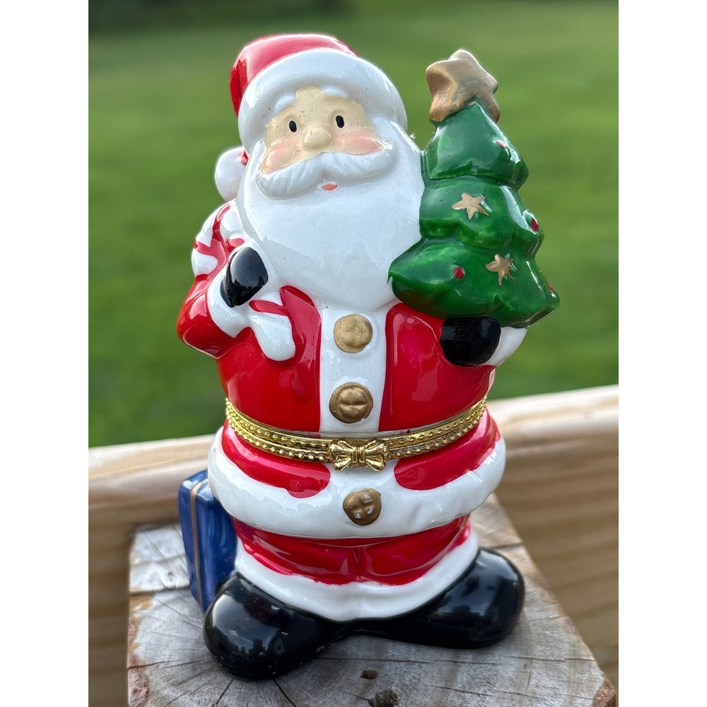 Vintage Ceramic Santa Claus Hinged Trinket Box Christmas Figurine with Tree